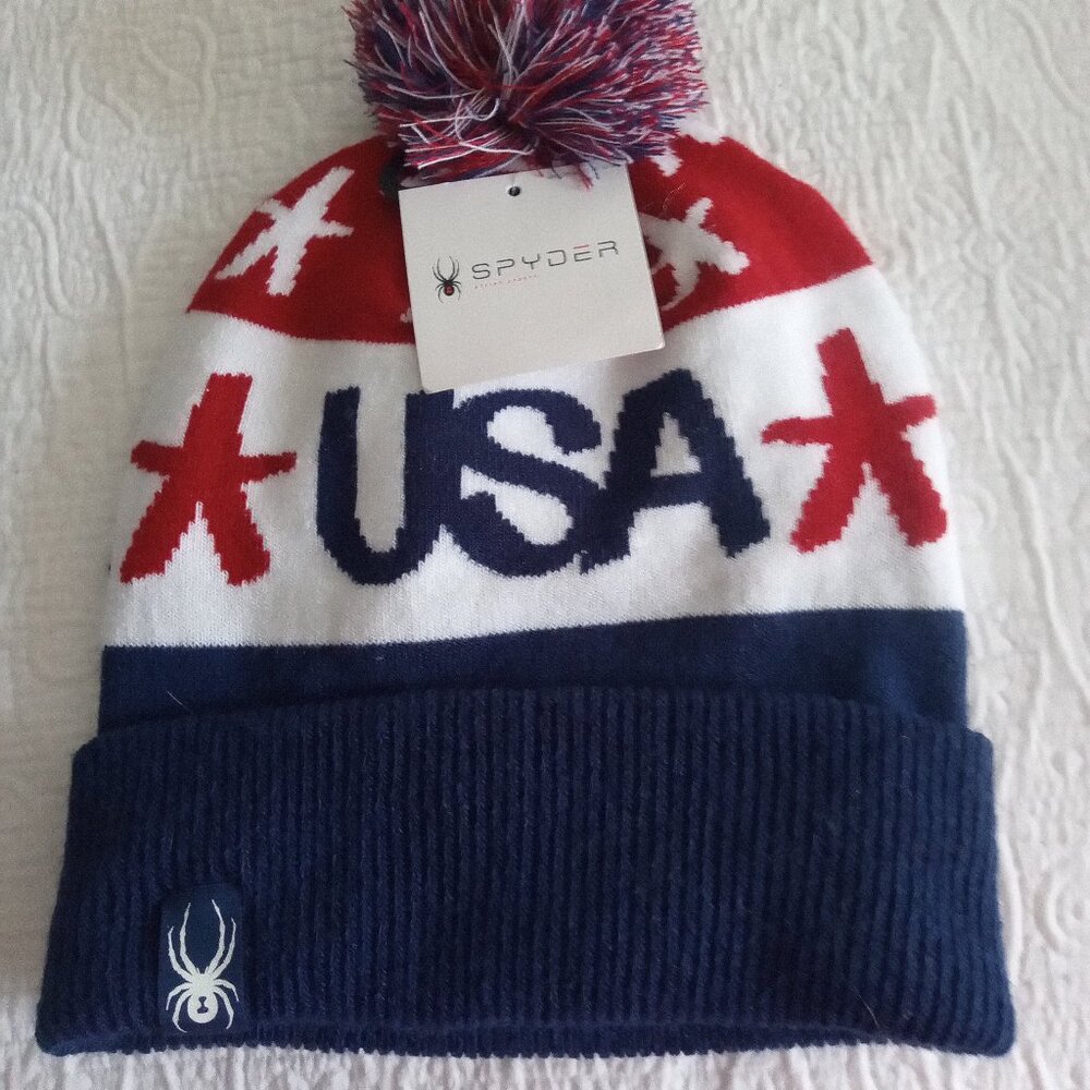 Mens Spyder Haze Pom Beanie USA Star Hat